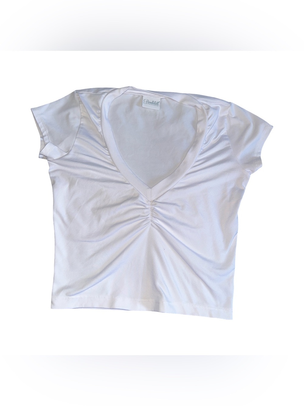 Bombshell Sportswear White V-Neck Ruched Short Sleeve Top
